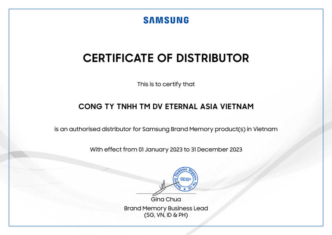 chứng nhận nhà phân phối Samsung Memory chính hãng tại Việt NAm