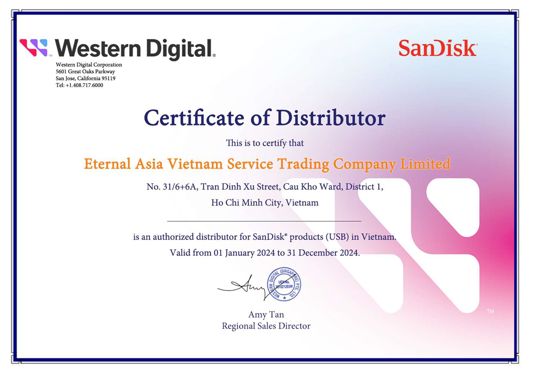 chứng nhận nhà phân phối SanDisk chính hãng