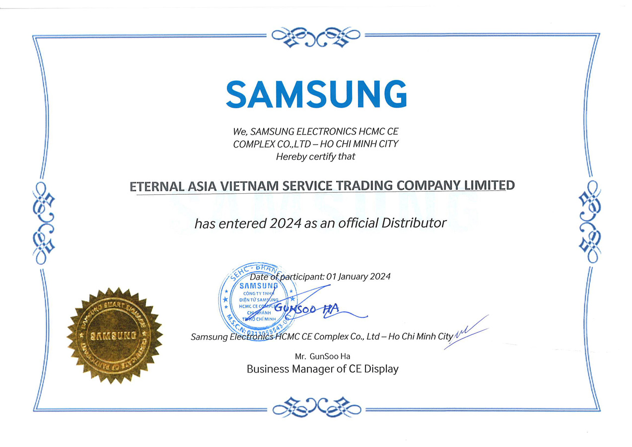 giấy chứng nhận nhà phân phối samsung ssd chính hãng