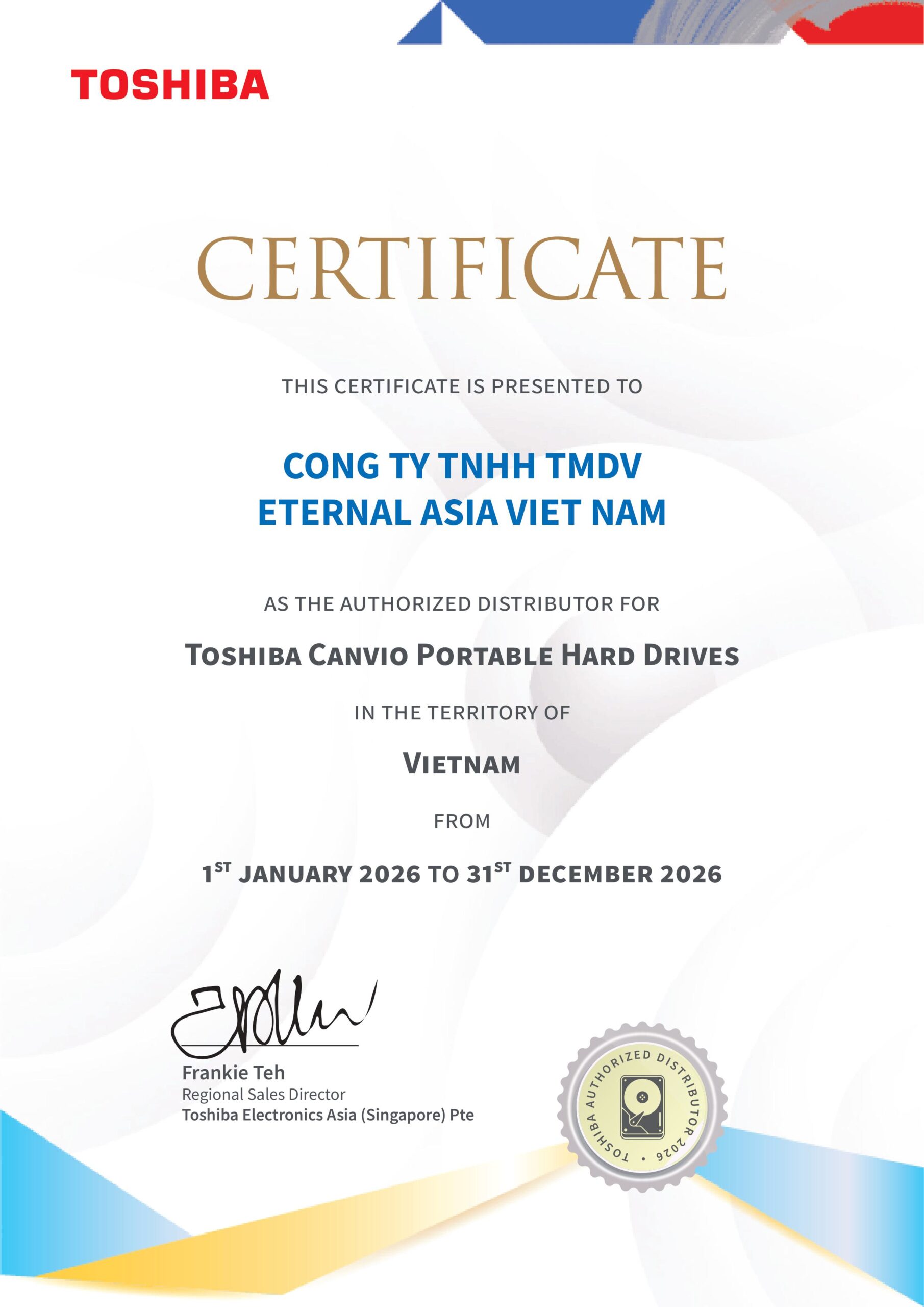 giấy chứng nhận eavn là nhà phân phối ổ cứng toshiba độc quyền tại việt nam năm 2026