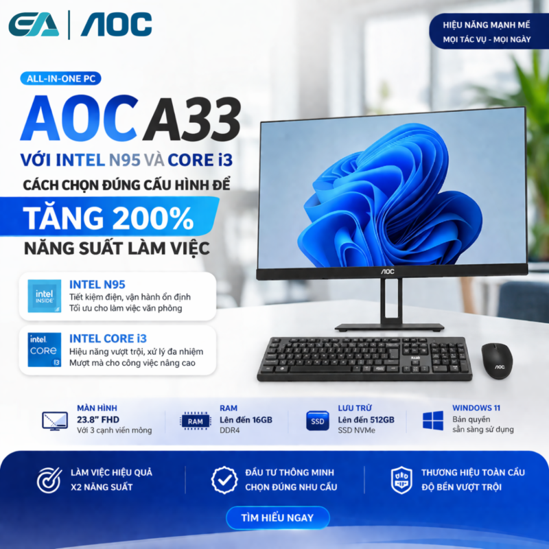 AOC A33 với Intel N95 và Core i3: Cách chọn đúng cấu hình để tăng 200% năng suất làm việc